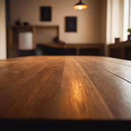 an empty wooden table in a room with two lamps