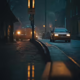 the car is waiting at the curb at night