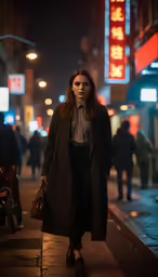 woman on a sidewalk at night walking in front of signs