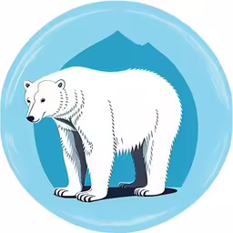 an animal polar bear is on display for a photo,an illustration of a polar bear in a circular picture,a white polar bear standing in front of a mountain,a polar bear standing on top of a stone in the shape of a circle,the polar bear has a long neck and has three small paws