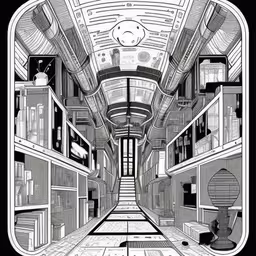a drawing of an open train car with lots of shelves and ladders,an old poster of an alien spaceship