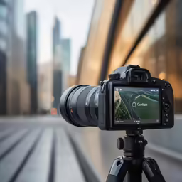 camera mounted on tripod looking at city