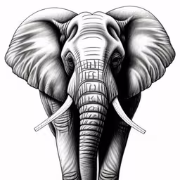 an elephant drawn in black and white ink,an elephant drawn in pen on a white paper,an elephant