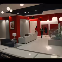 a white and red home with modern lighting
