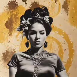 a woman with flowers in her hair and an artistic image
