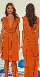 two beautiful woman in orange dresses are posing on a beach