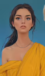 a drawing of a girl in yellow, with one eye closed