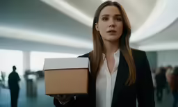 the business woman is holding the cardboard box