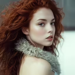 a woman is wearing fuzzy red hair with a fuzzy collar