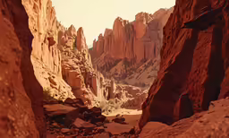 the view looking down a narrow narrow canyon with large rocks