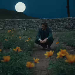 man crouched down near yellow flowers with a full moon behind him
