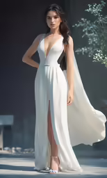 a woman in a white gown with her hands on her hips and standing