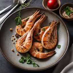 cooked shrimp on a gray plate with a knife, fork and spoon