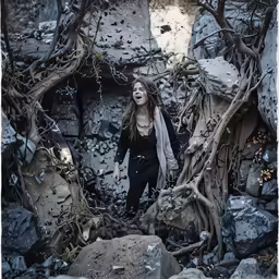 a woman standing next to rocks and branches