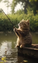 a kitten sitting on top of a wooden plank holding a fishing pole