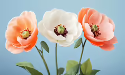 three orange and white flowers in a vase