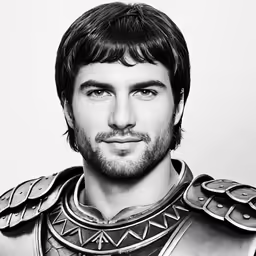 a man wearing armor is looking ahead with a smirk