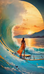 a beautiful woman riding a wave on top of a surfboard,a woman wearing a yellow gown on a surfboard in front of a giant wave