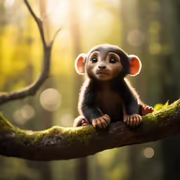the small baby monkey is perched on the tree limb