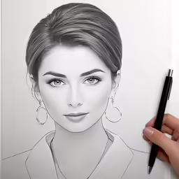 a hand is drawing a female face on paper