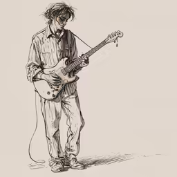 the man is playing the guitar while the sound is flowing