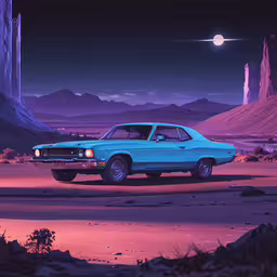 a blue muscle car is parked near mountains,a painting of a car in the desert under a full moon