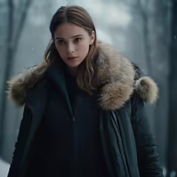 a woman wearing a black coat and fur collared jacket