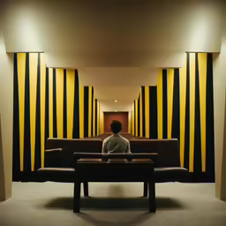 a man sitting on a couch next to a yellow striped wall