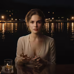 a woman with a candle in her hand at night