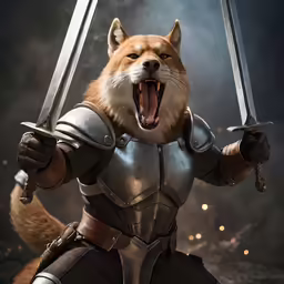a cartoon image of a fox in armor holding two swords