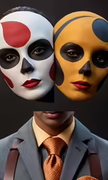 three people with faces painted on their clothes