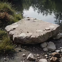 a large boulder is on the ground next to the water