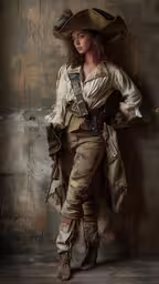 a woman dressed in pirate garb poses for a portrait,a woman in a pirate outfit leaning against a wall