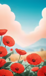 red flowers in front of a green field with a pink cloud in the sky