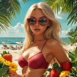 a woman wearing a bikini and matching sunglasses standing on the beach