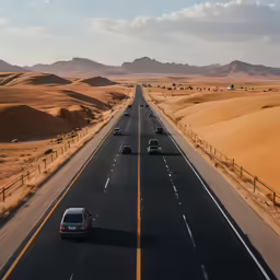 vehicles are seen on a highway between deserts
