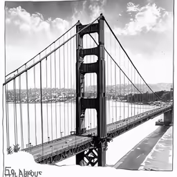 an illustration of the golden gate bridge in black and white