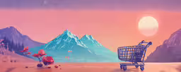 an image of a shopping cart near mountains,a cart is sitting in the snow in front of mountains