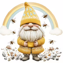 an illustration of a gnome with yellow clothes holding his cup