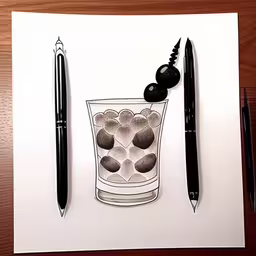 some sort of drawing on paper with a marker,an ink drawing of a glass full of rocks with a black marker