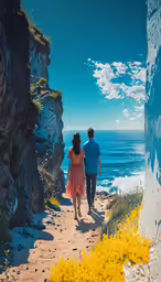 the man and woman are walking toward the ocean