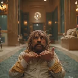a bearded man poses while holding his hands in front of him