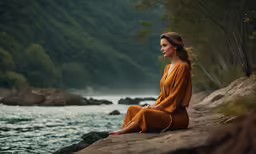 a woman in a yellow dress sitting on a rock near the water