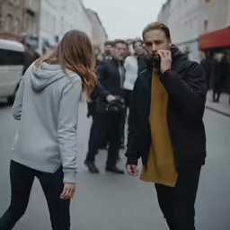 the young man in black is talking on his phone while walking down the street