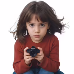a child holds a camera, showing the strap
