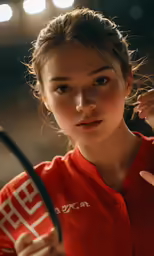 a young lady in an orange shirt holding a tennis racquet