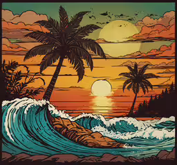 an image of a painting of sunsets and palm trees,a painting of a sunset and ocean with a wave coming out from the ocean and palm trees in the sky