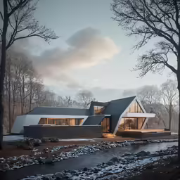 a house by some water and trees