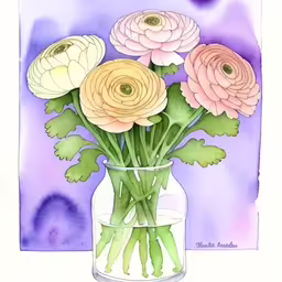 watercolor drawing of colorful flowers in a vase,a watercolor drawing of some yellow and pink flowers in a clear glass vase