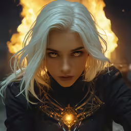 an image of a girl wearing armor standing near fire